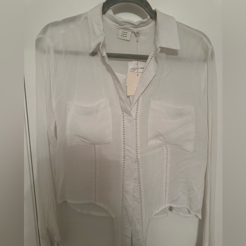 Good Luck Gem White Casual Button Down Shirt